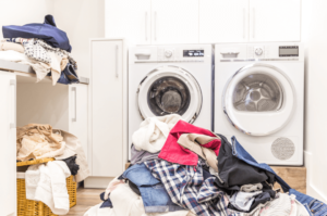 cluttered laundry room