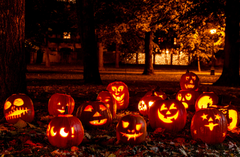 lots of pumpkins lit up at night