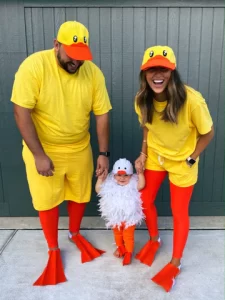 family dressed as a duck, duck, and goose for halloween